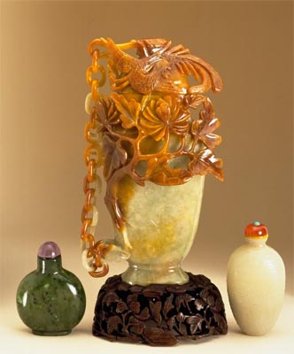 Chinese Antique Jade,Two Snuff Bottles and a chained Vase, John Neville Cohen