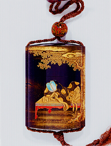 Rosei Dreaming Koma Kyuhaku Inro, and a black, yellow and red lacquer with mountain landscape ojime.