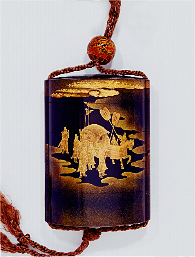 Reverse: Rosei Dreaming Koma Kyuhaku Inro, and a black, yellow and red lacquer with mountain landscape ojime.